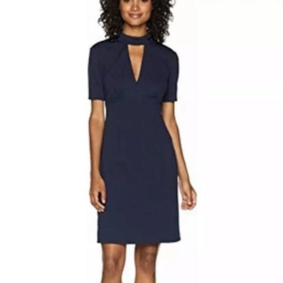 Trina Turk Camari Choker Collar Diamond Jacquard sheath dress navy blue
